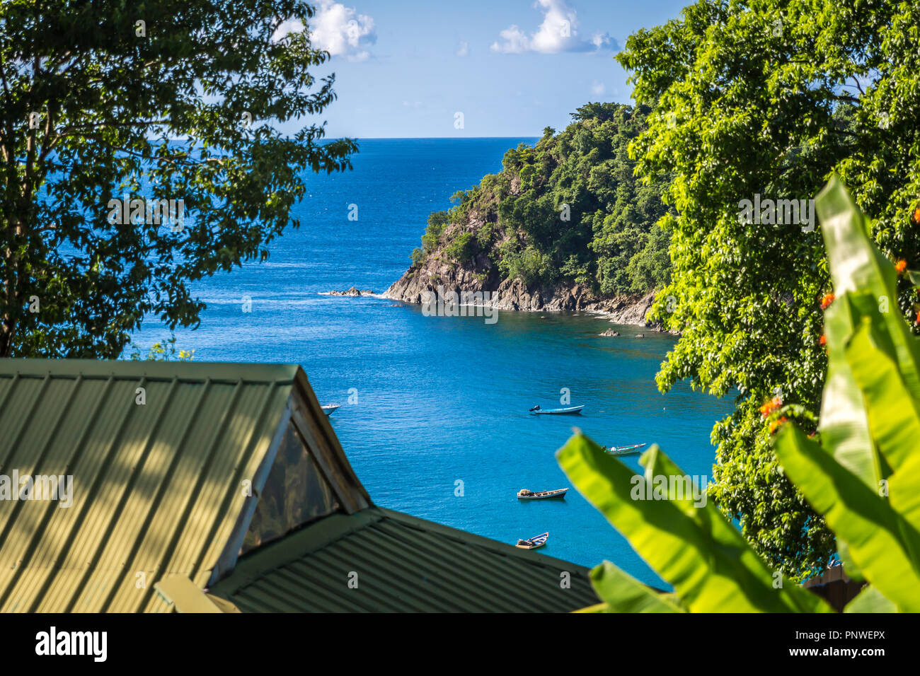 Tropical beach view from a beach front hotel in Trinidad e Tobago, Caribe Stock Photo
