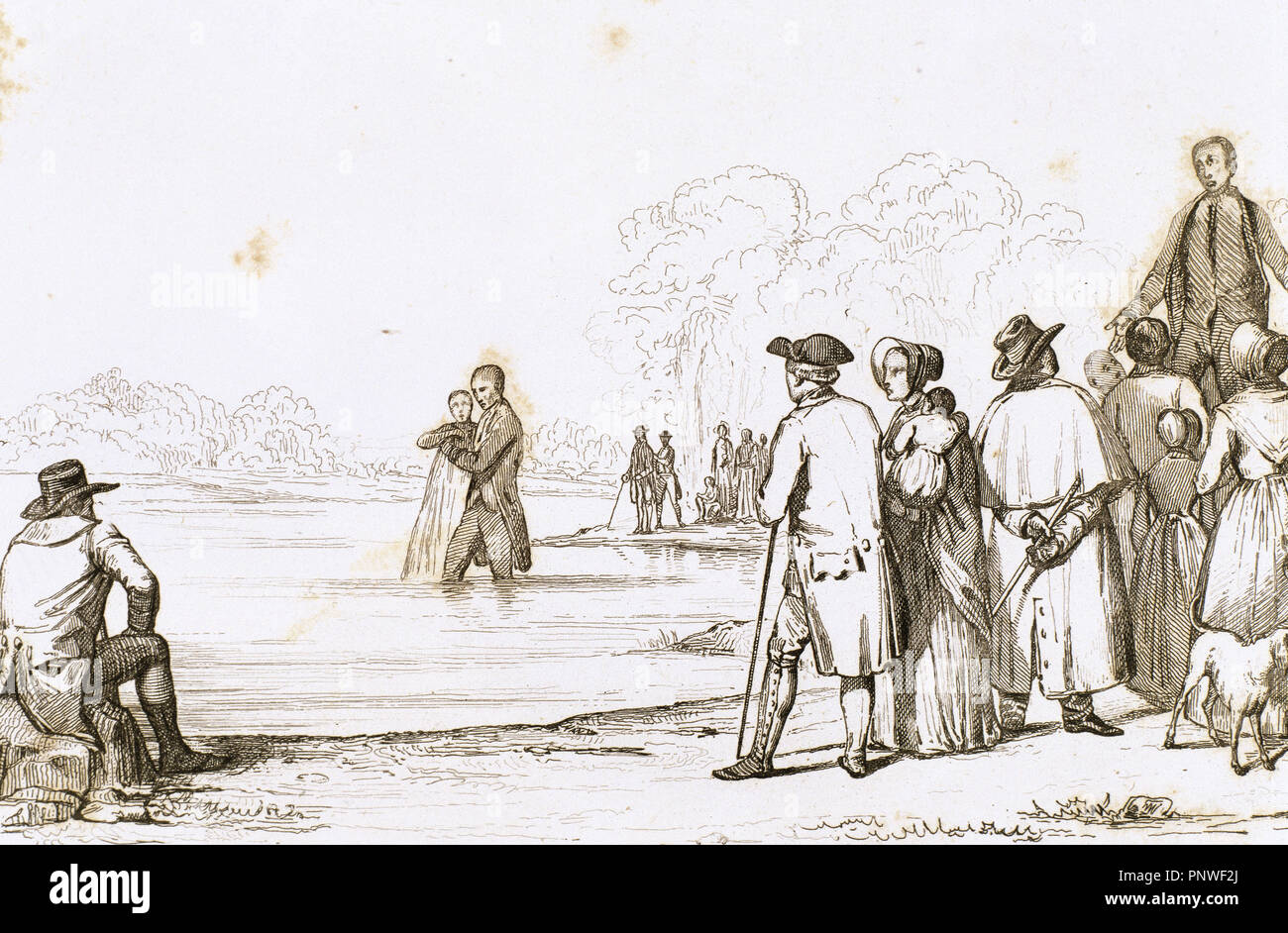United States. Virginia. 18th century. Anabaptist baptism. Engraving, 1841. Stock Photo