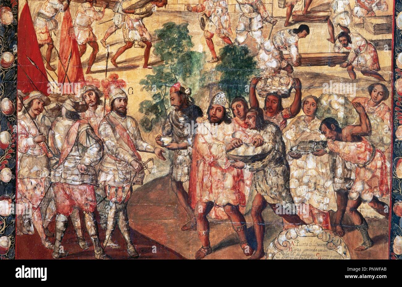 Conquest of Mexico (1519). Detail of Hernan Cortes (1485-1547) entering Cempoal and receiving chief Gordo Quauhtlaebana who gives meat and presents to all the Spaniards. Table conching Miguel Gonza´lez (1698). Detail. Museum of America. Madrid. Spain. Stock Photo