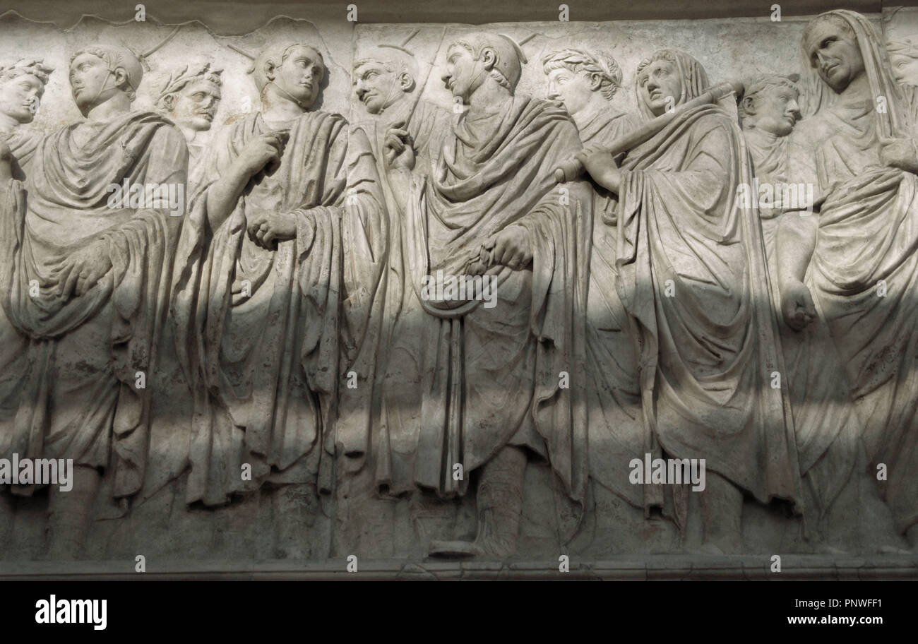Roman Art. Italy. Ara Pacis Augustae. Processional frieze. Detail. Relief.  Original South side. Central section. Four of the figures at the center  have been identified as flamines, the leading members of the