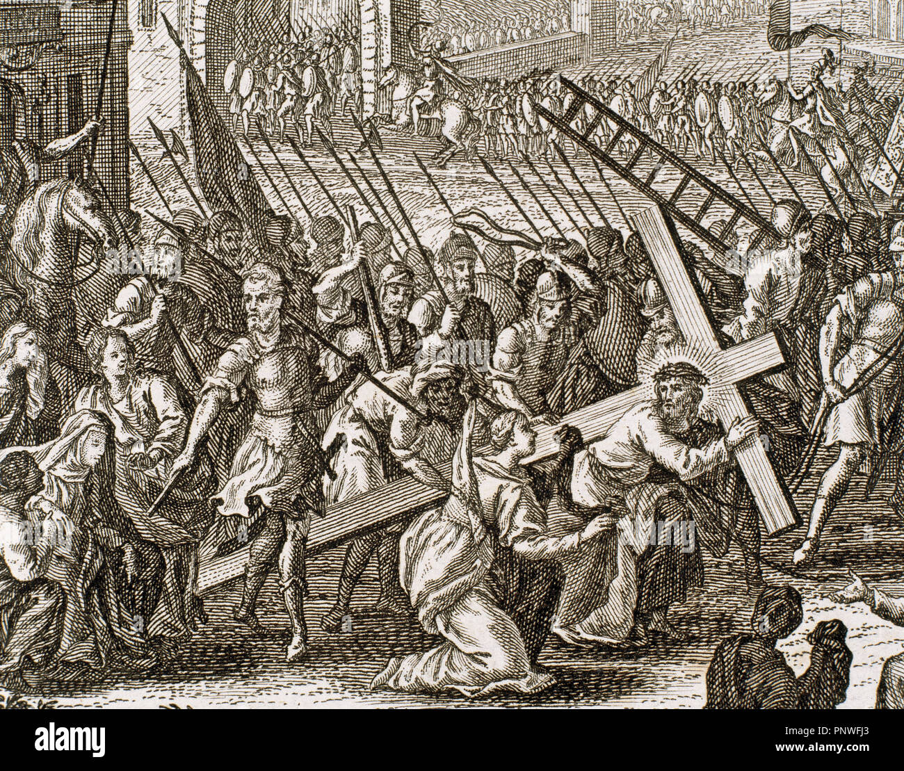 Luke 23. The mockery of the people and soldiers to Jesus. Engraving. Stock Photo