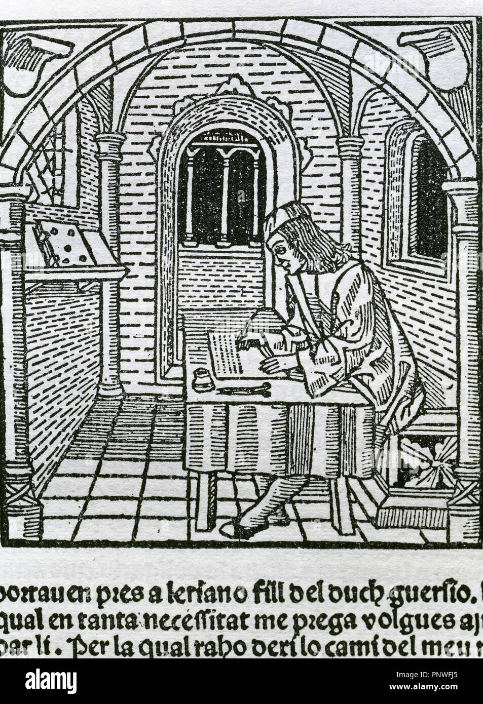 Spanish literature. Diego de San Pedro (ca. 1437-ca. 1498). Spanish writer. The Prison of Love, 1492. Engraving. Edition in Barcelona in 1493. Catalan translation. Spain. Stock Photo