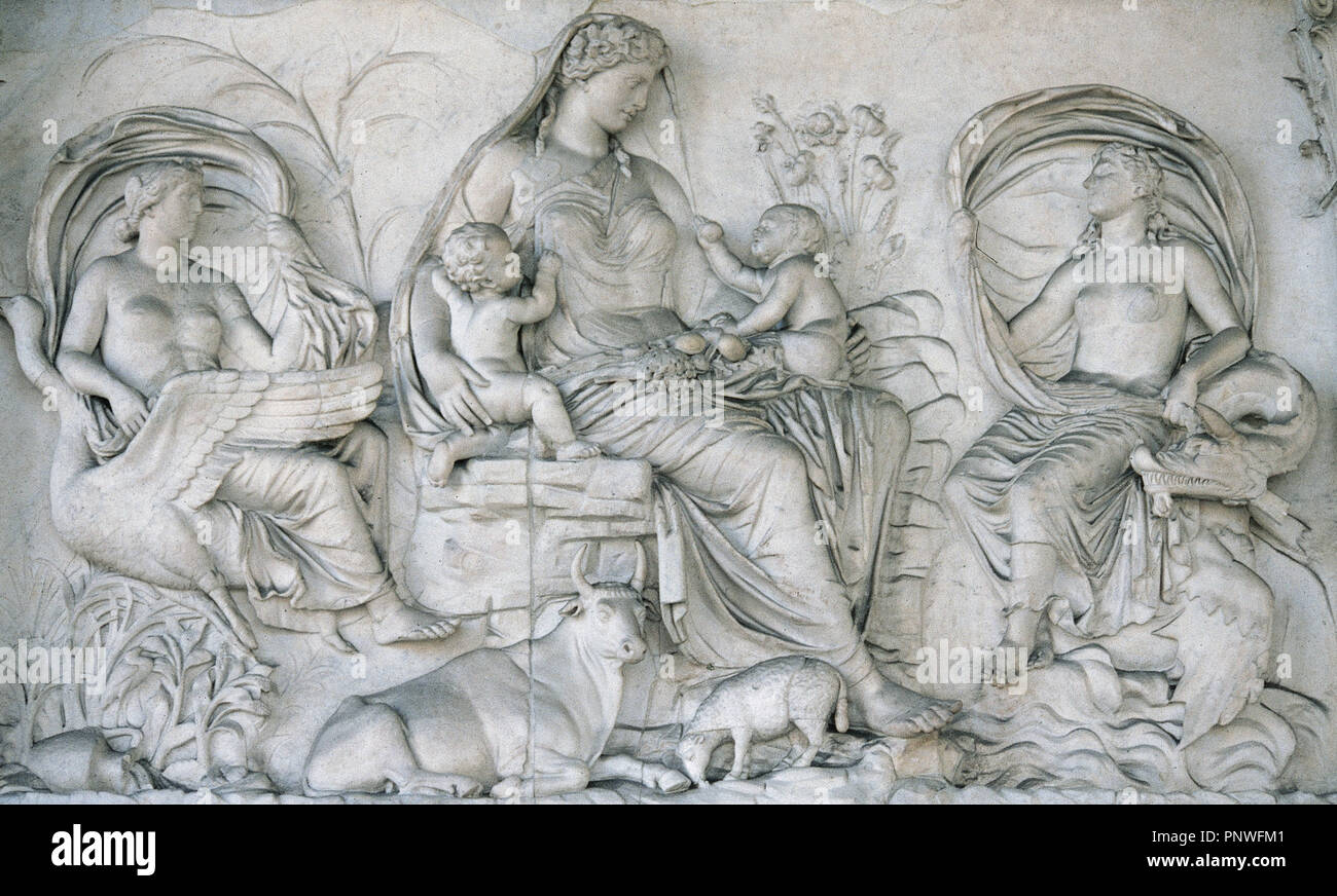 Roman Art. Italy. Ara Pacis Augustae. Tellus panel. Relief depicting Tellus  nursing Romulus and Remus. Dated 13 BC. Champ de Mars. Rome Stock Photo -  Alamy