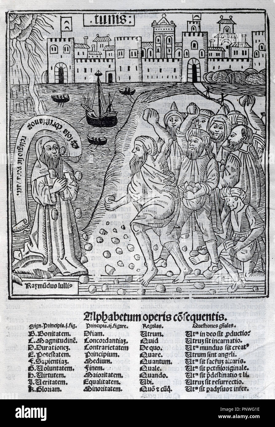 LITERATURA CATALANA. SIGLOS XIII-XIV. LLULL, Ramon (Palma de Mallorca, 1233 ó 1235Bujía, 1315 ó 1316). Filósofo, místico y literato mallorquín. Grabado de la 'LAPIDACION DE RAMON LLULL'. 'Raymudus lullis. Alphabetum operis cosequentis' Edición impresa en Valencia por D. de Gumiel en el año 1515. Stock Photo