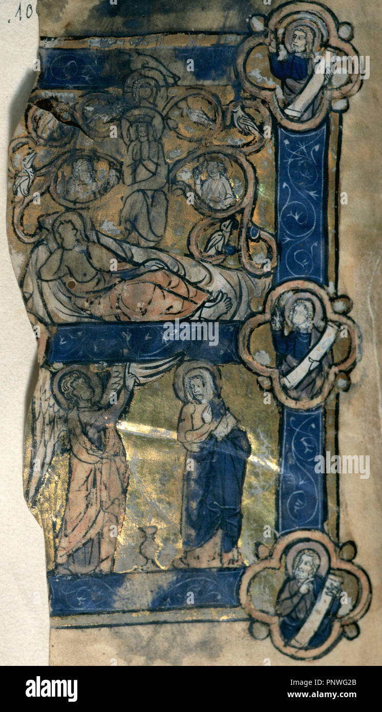 Book of hours. Miniature depicting, in two compartments, the Genealogy of the Virgin and its Assumption. Folio IV (broken vertically). Library of the University of Barcelona, Catalonia, Spain. Stock Photo
