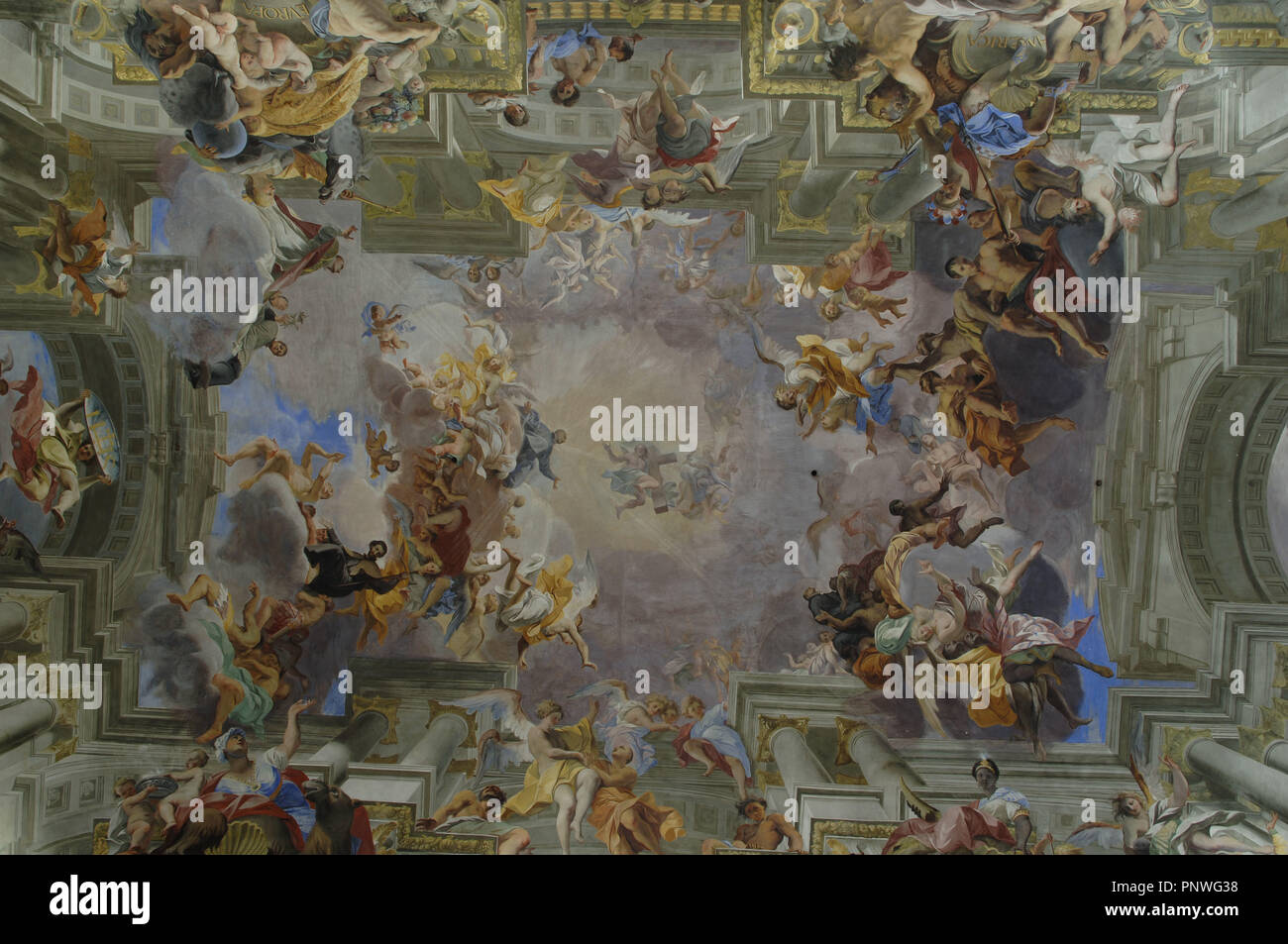 Italy. Rome. The Church of St. Ignatius of Loyola at Campus Martius. Trompe l'oeil ceiling fresco by Andrea Pozzo (1642-1709). The saint welcomed into paradise by Christ and the Virgin Mary and surrounded by allegorical representations of all four continents (after 1685). Stock Photo