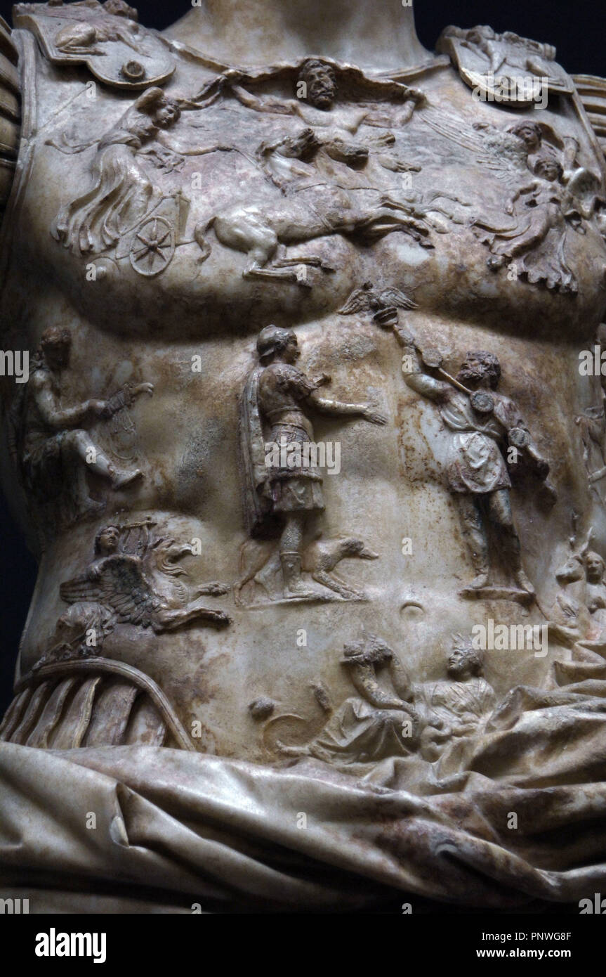 Augustus, (63 B.C.-14 D.C.). First emperor of the Roman Empire. Augustus of Prima Porta. White marble statue. 1st century. Detail of the breastplate carved in relief depicting the return of the Roman legionary eagles lost to Parthis by Mark Anthony (40s B.C.) and by Crassus (53 B.C.). Braccio Nuovo. Chiaramonti Museum. Vatican Museum. Vatican City. Stock Photo