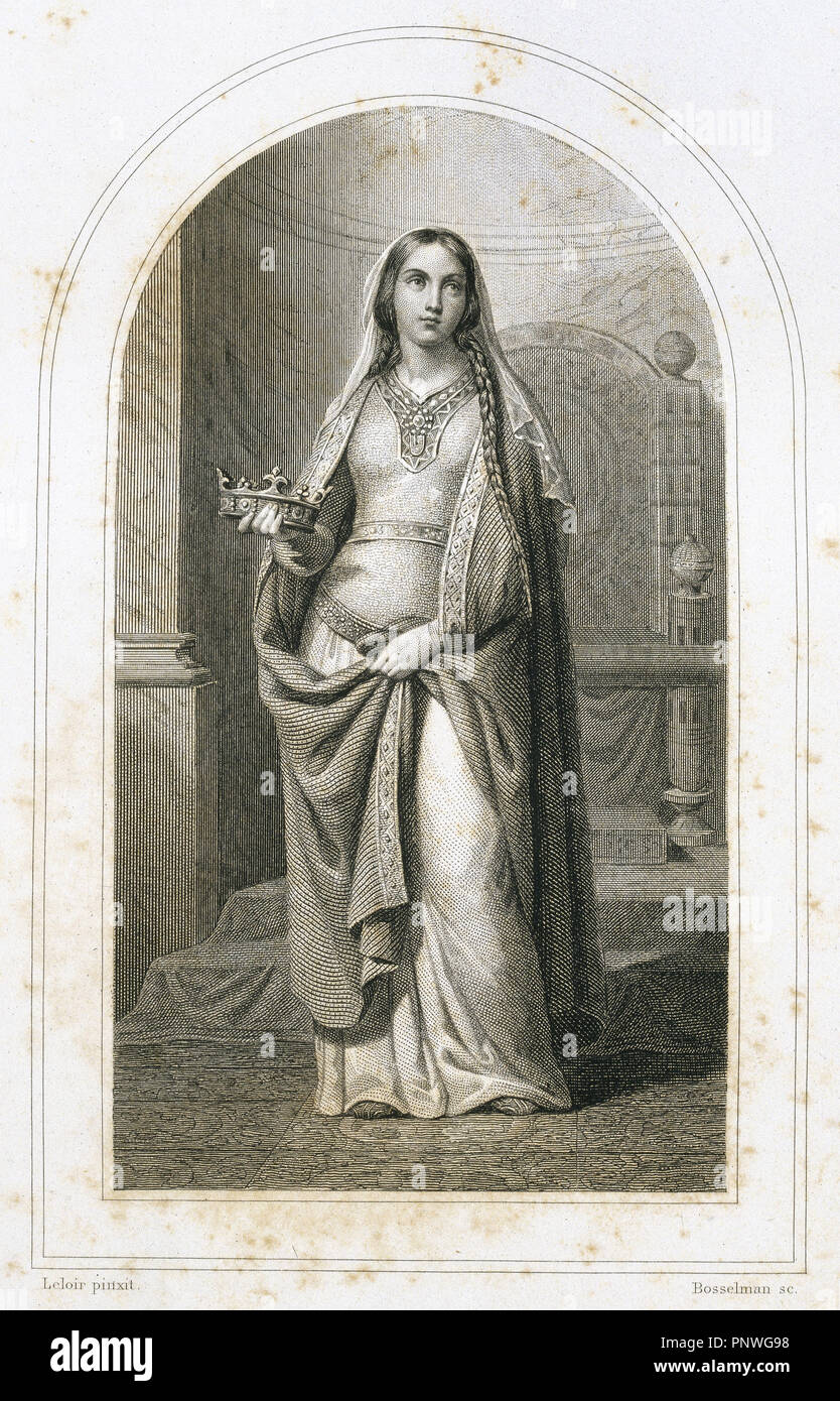 SANTA CLOTILDE (h. 475-545). Princesa burgundia, hija de Chilperico II de Burgundia y esposa de Clodoveo I, rey de los francos, quien, gracias a su influencia, se convirtió al catolicismo. Grabado del siglo XIX. Stock Photo