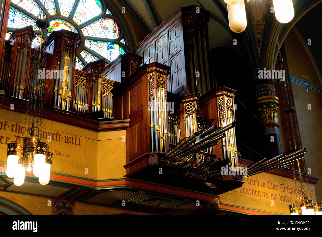 Organ in the Cathedral of the Madeleine. Salt Lake City, Utah, US. Stock Photo