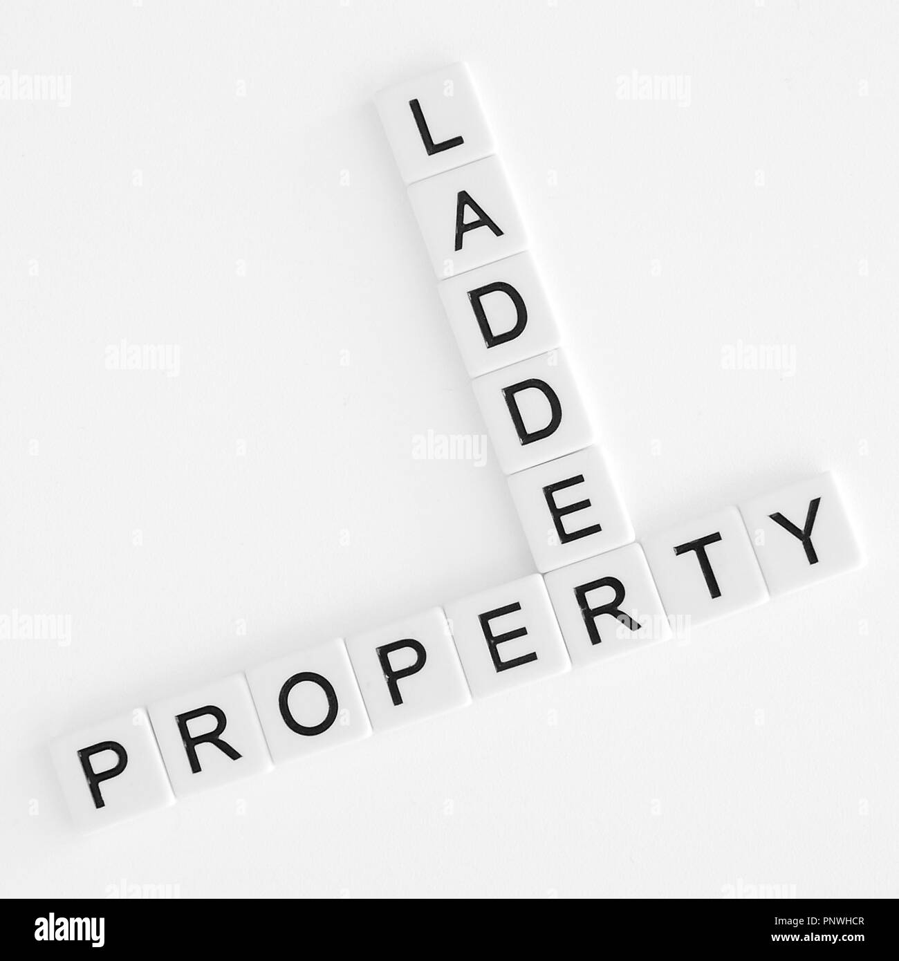 Words property and ladder in crossword style in black lettering on white tiles Stock Photo