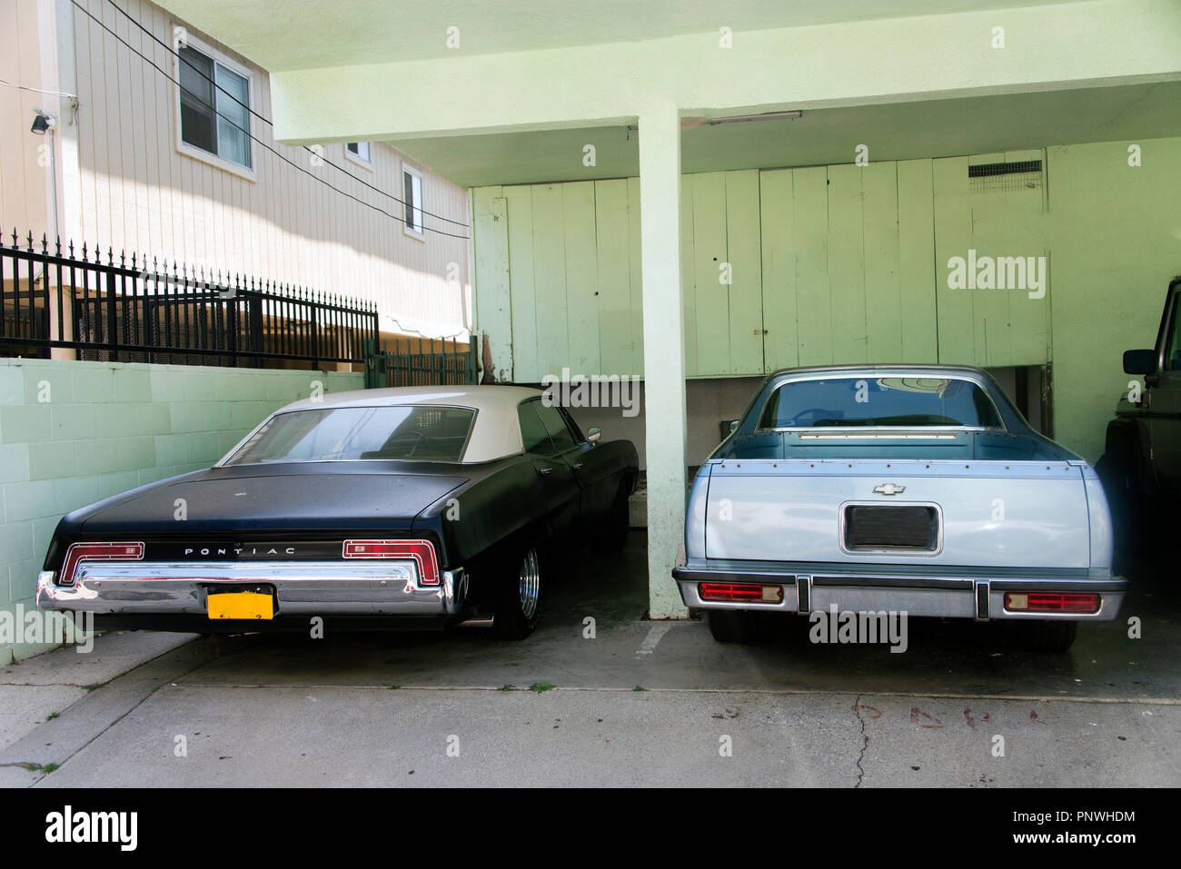 A view of a classic vintage car in the street in Los Angeles Stock