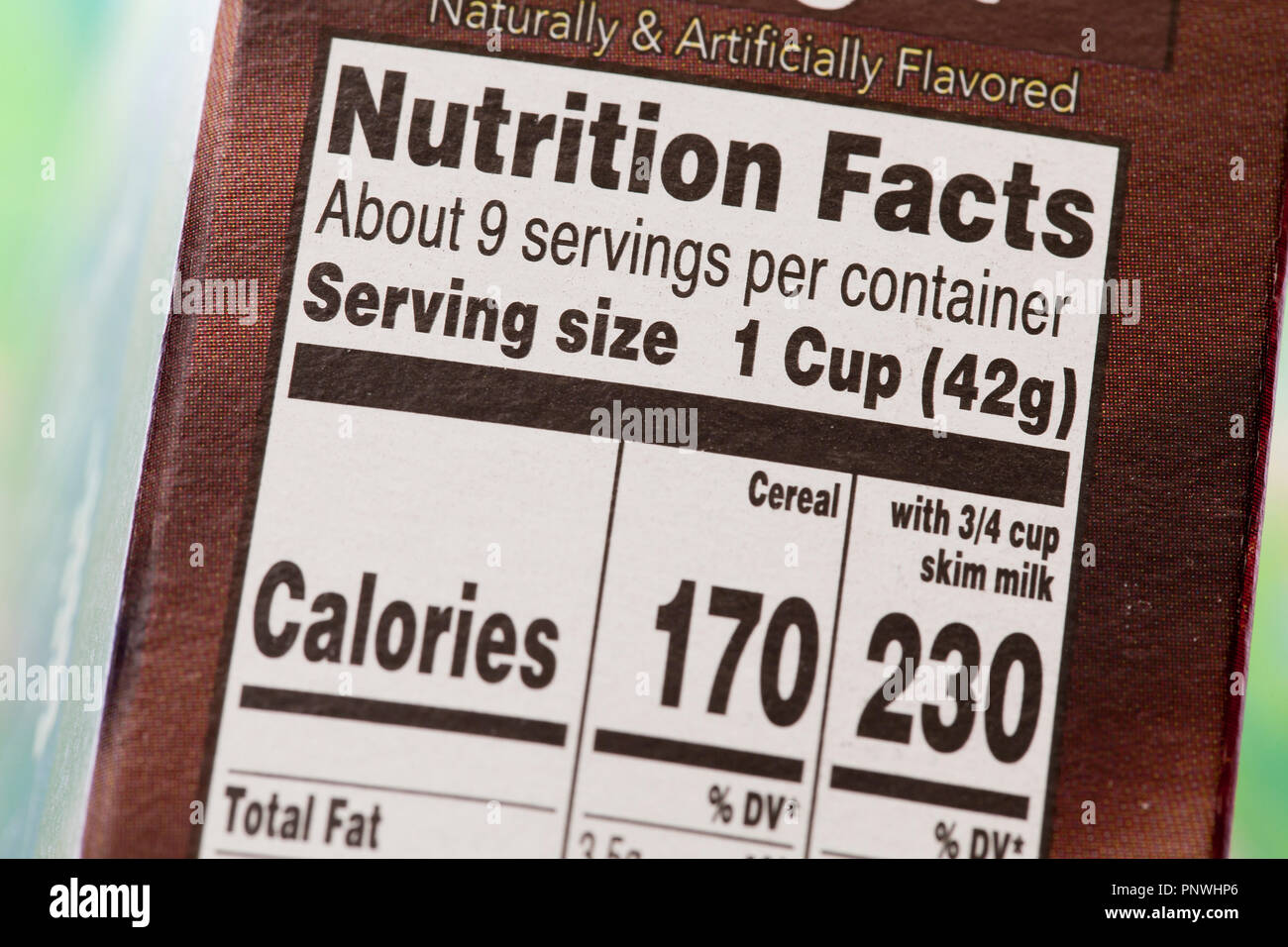 Nutrition facts label (nutrition information) on cereal box - USA Stock Photo