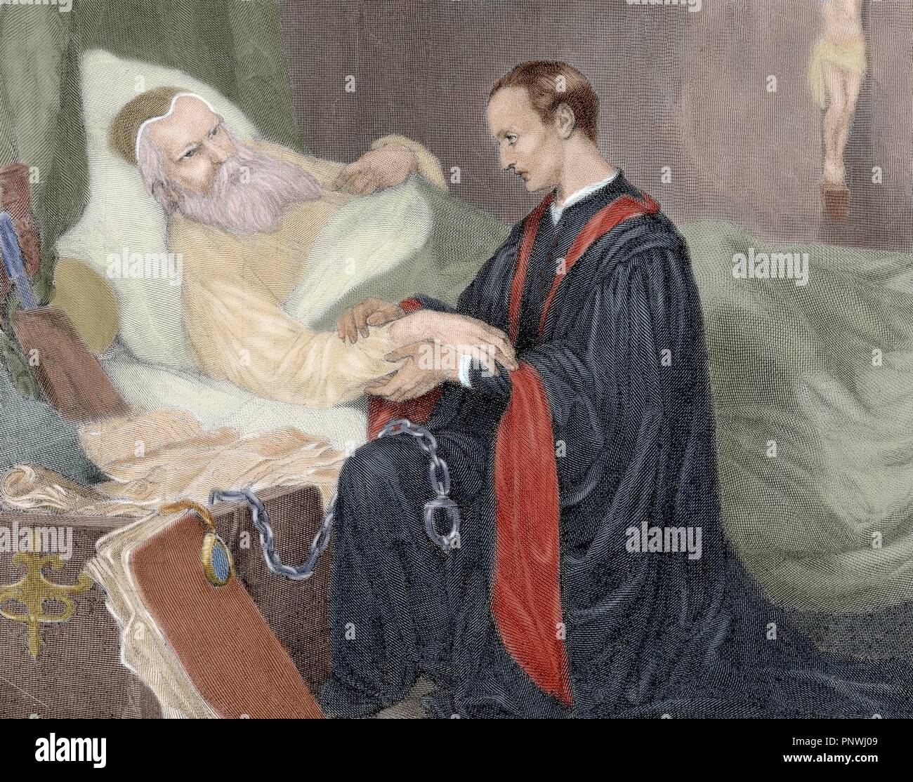 Christopher Columbus (1451 -1506) . Navigator, colonizer, and explorer.  Columbus on his deathbed. "The Spanish and American Illustration" (1879).  Colored engraving Stock Photo - Alamy