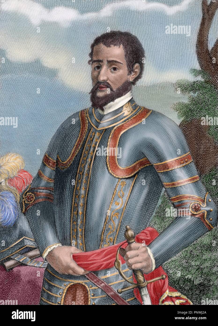 Hernando de Soto (c.1496/1497Ð1542). Spanish explorer and conquistador. Was the first European documented to have crossed the Mississippi River. Colored engraving. Stock Photo