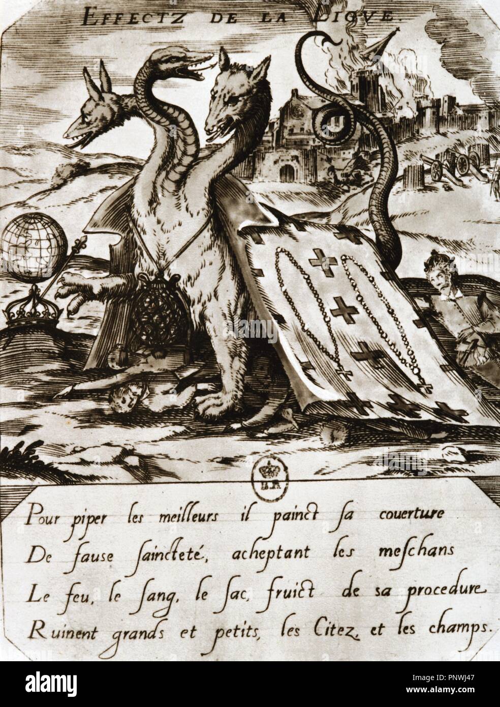 French Wars of Religion between French Catholics and Protestant (Huguenots). March 1562-April 1598. Propaganda print depicting Huguenot against the Catholic league,1594. Stock Photo