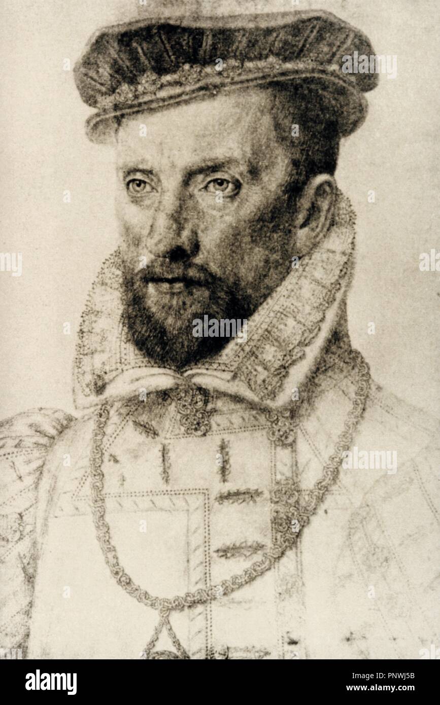 Gaspard II de Coligny (1519-1572).  French nobleman and admiral. Huguenot leader in the French Wars of Religion. Portrait by Francois Clouet. Stock Photo