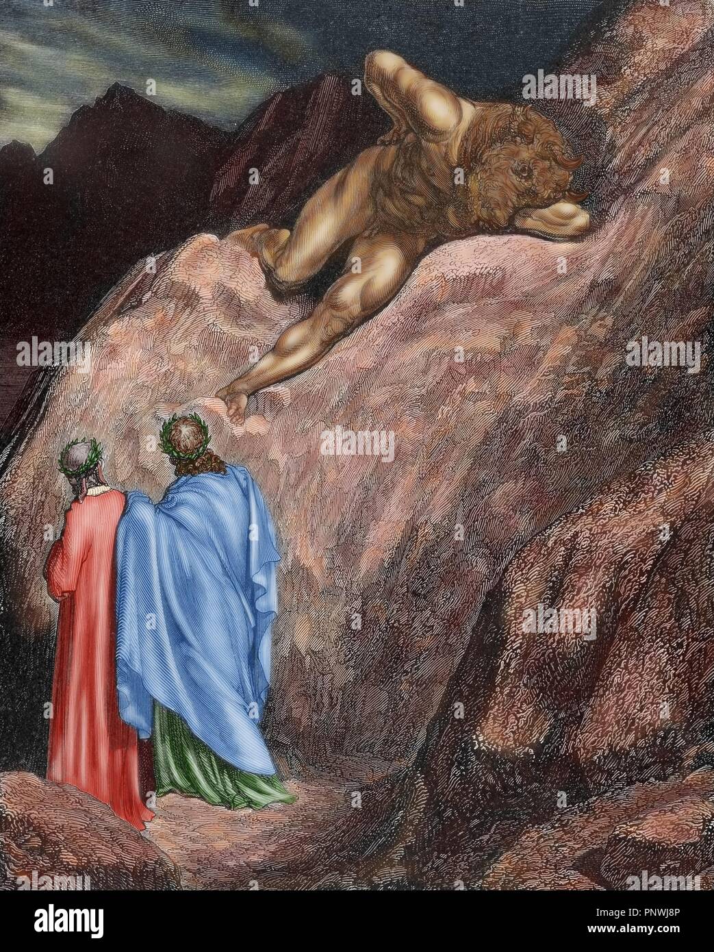 Inferno, Canto 8 : Virgil and Dante disembark at the citadel of Dis (Dite),  illustration from The Divine Comedy by Dante Alighieri, 1885 (digitally  coloured engraving)