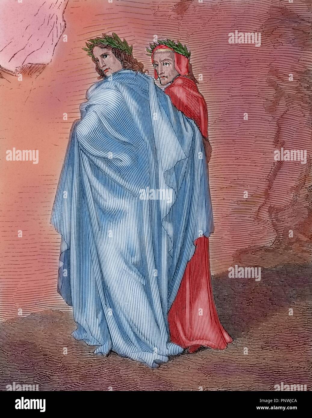 Inferno, Canto 8 : Virgil and Dante disembark at the citadel of Dis (Dite),  illustration from The Divine Comedy by Dante Alighieri, 1885 (digitally  coloured engraving)