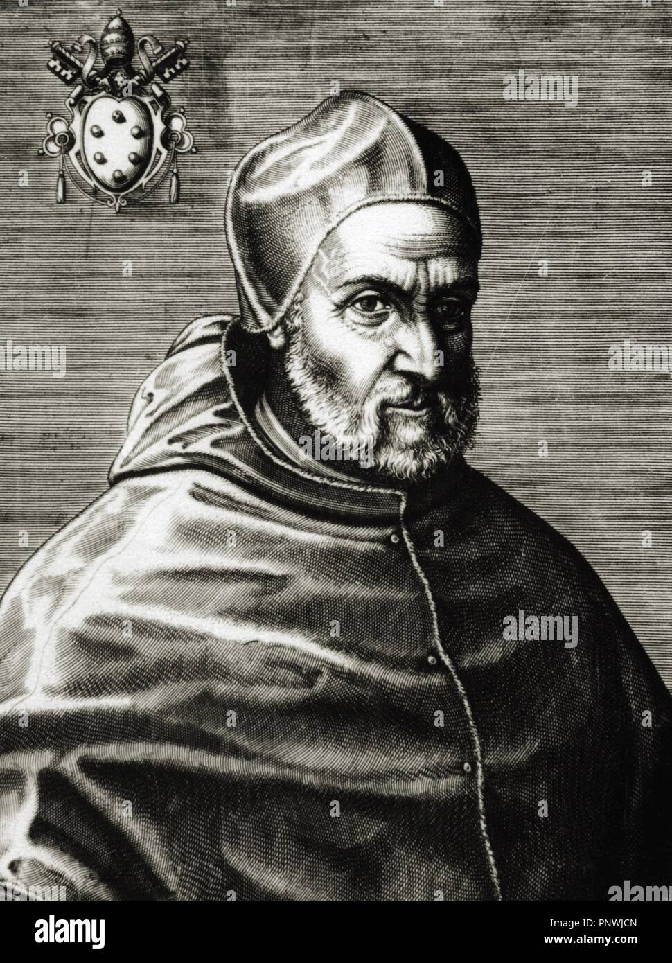 Pius IV (Milan ,1499-Rome, 1565). Italian pope, named Giovanni Angelo Medici. Portrait. Engraving. Stock Photo