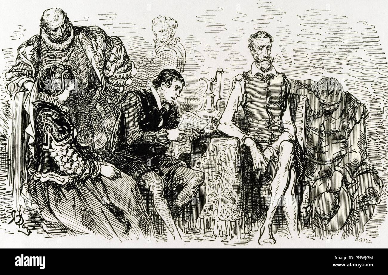 Don Quixote by Miguel de Cervantes. The student Don Lorenzo reads the poems at their guests Don Quixote and Sancho and his family. Gustave Dore engraving (II, 18). 19th century. Stock Photo