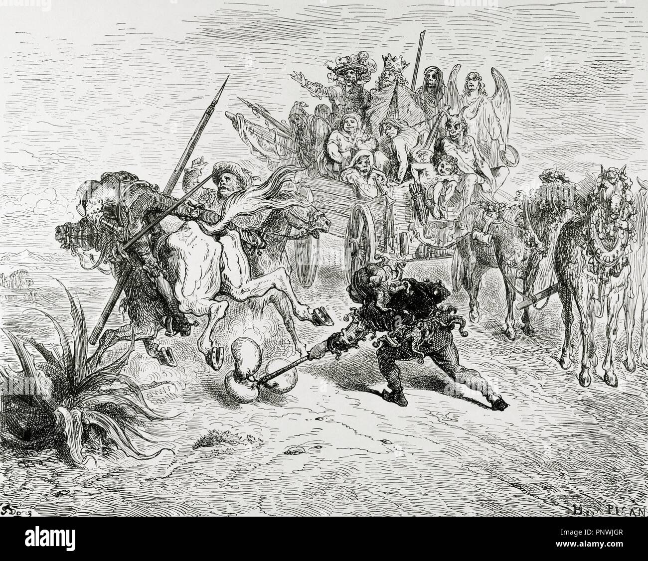Don Quixote by Miguel de Cervantes. Don Quixote meets a traveling theater group. Engraving by Gustave Dore (II, 11). 19th century. Stock Photo