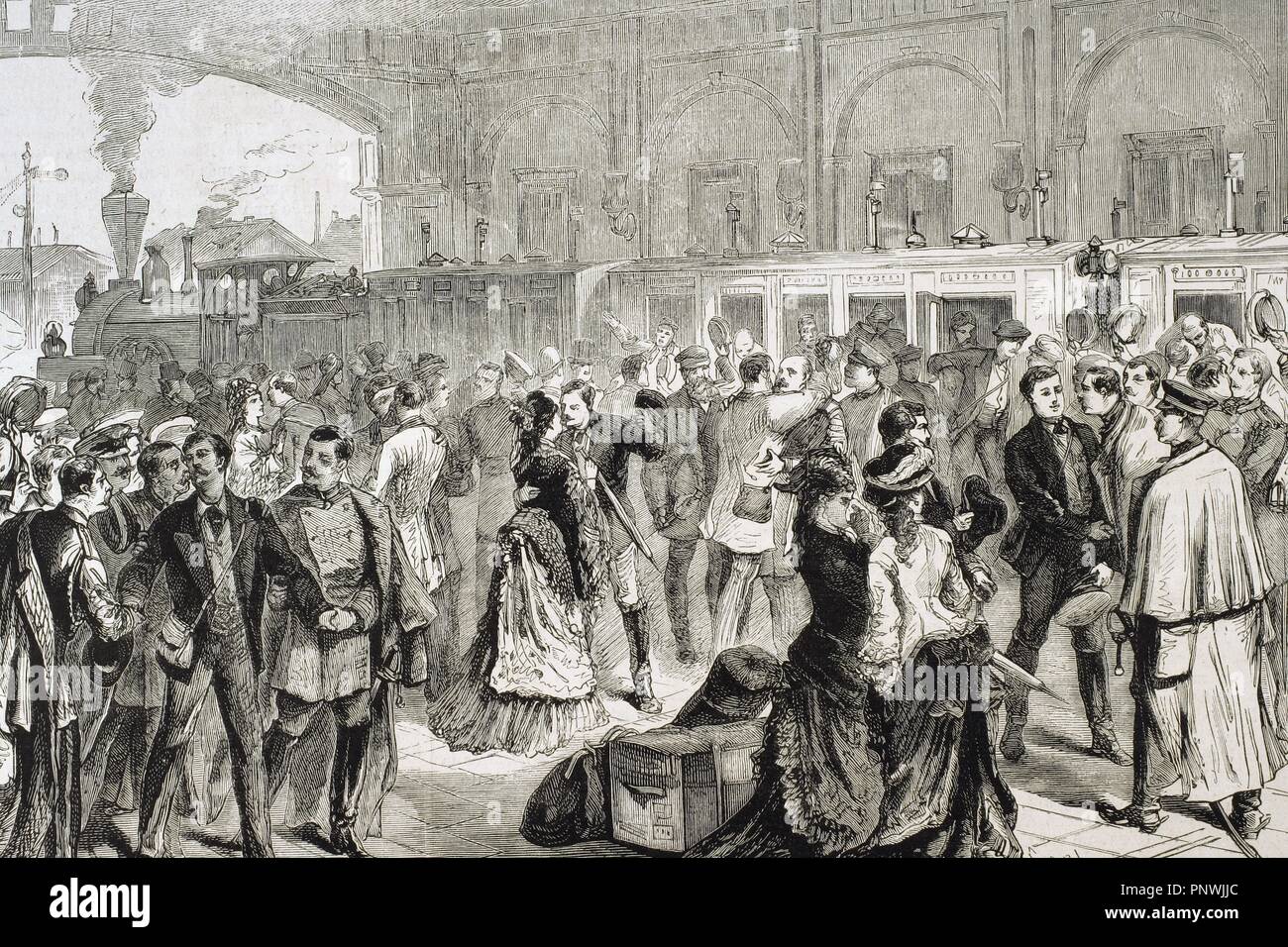 Departure of Russian officers to Serbia as volunteers in the army of General Tchernaieff. Engraving in "The Spanish and American Illustration", 1877.