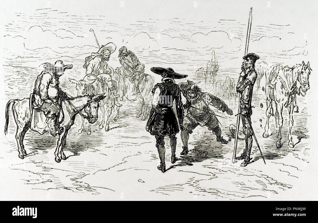 Don Quixote by Miguel de Cervantes. The duel between the graduate and the bachelor Corchuelo (II, 19). Gustave Dore engraving 19th century. Stock Photo