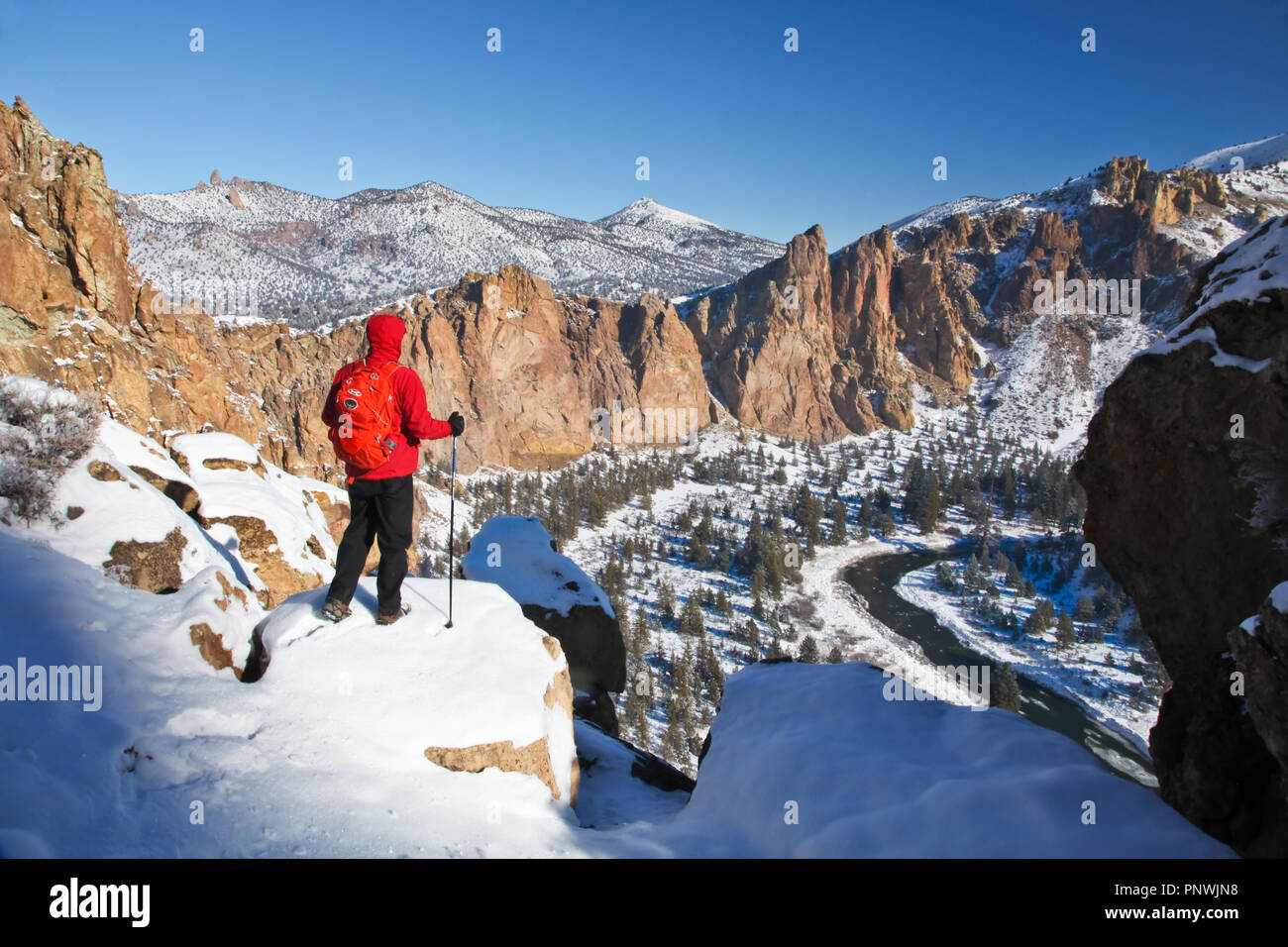 Winter Snow Hike on Misery Ridge Above the Crooked River at Smith Rock Near Redmond Oregon Stock Photo