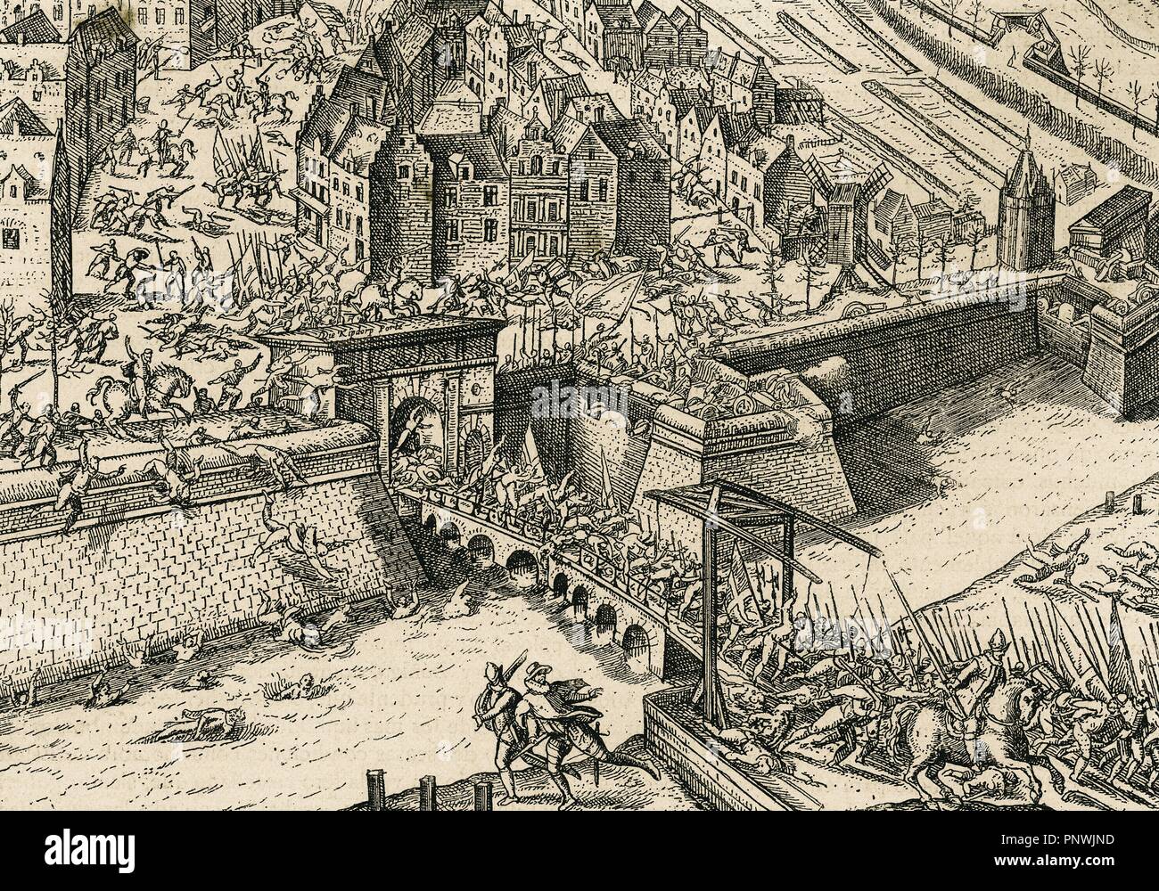 Eighty Years' War (1568-1648). Sack of Antwerp (4 November 1576) by Spanish tercios during the reign of Philip II of Spain. Facsimile of a copper engraving ...