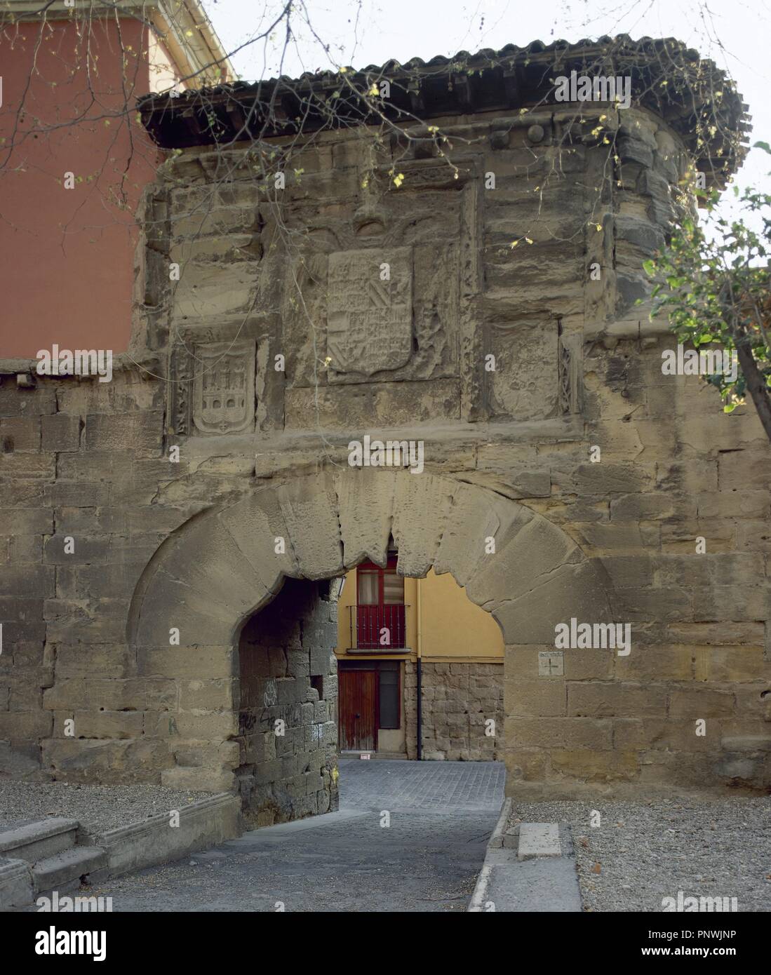 Spain. La Rioja. Logrono. Revelli n door, the only stretch of wall remaining. It is crowned by the imperial shield. Reign of Charles I of Spain. 16th century. Stock Photo