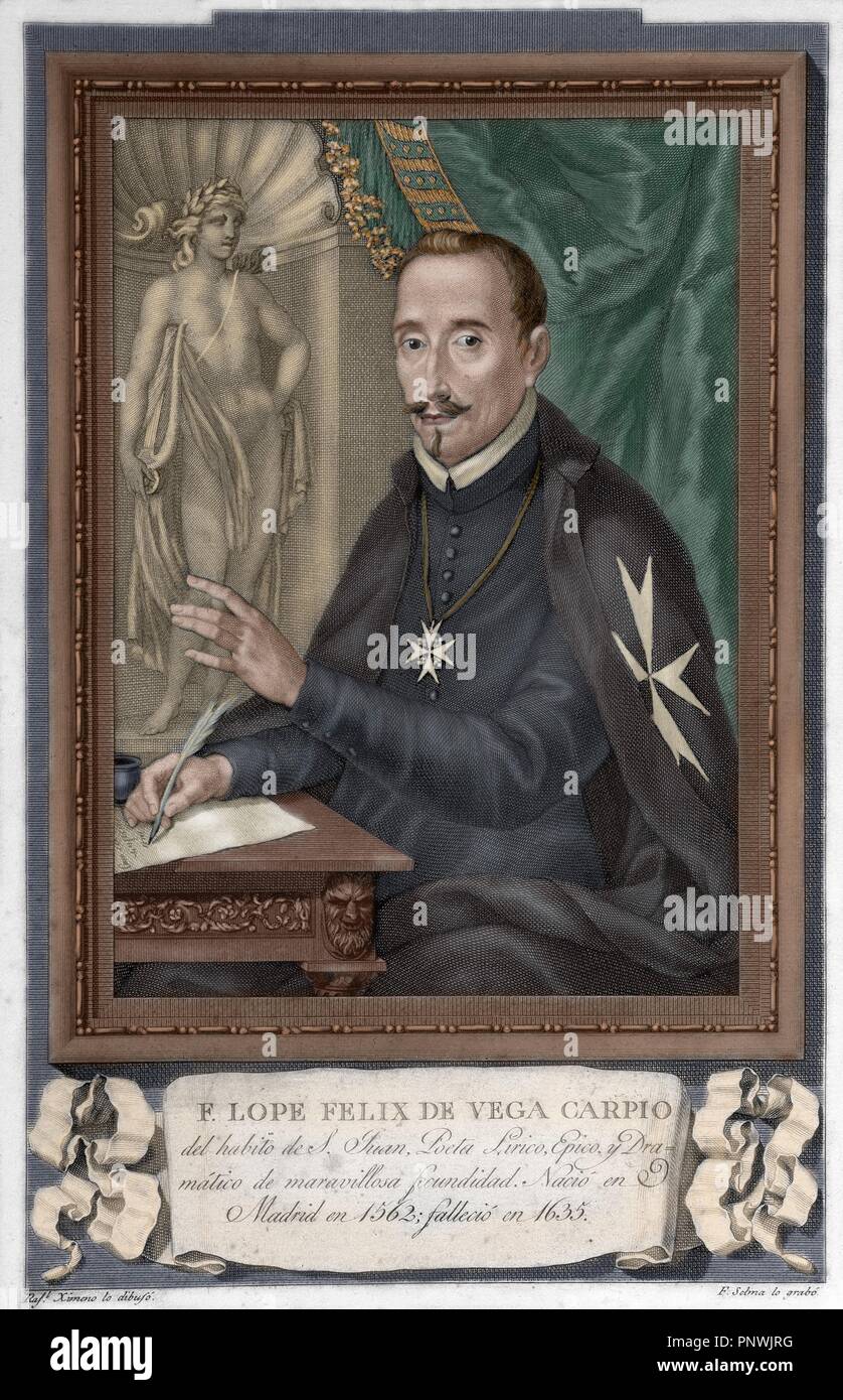 Felix  Lope de Vega y Carpio (1562-1635). Spanish playwright and poet, one of the key figures in the Spanish Golden Century Baroque literature. Colored engraving. Stock Photo