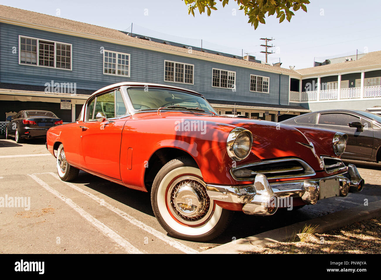 A view of a classic vintage car in the street in Los Angeles Stock