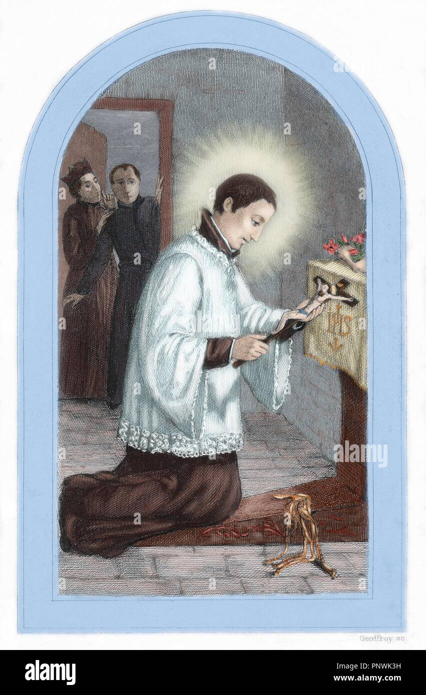 Saint Aloysius Gonzaga (1568-1591). Italian Jesuit seminarian and student at the Roman college. He died in Rome, at the service of persons infected by the plague. Beatified in 1605, he was canonized in 1726. Colored engraving. Stock Photo