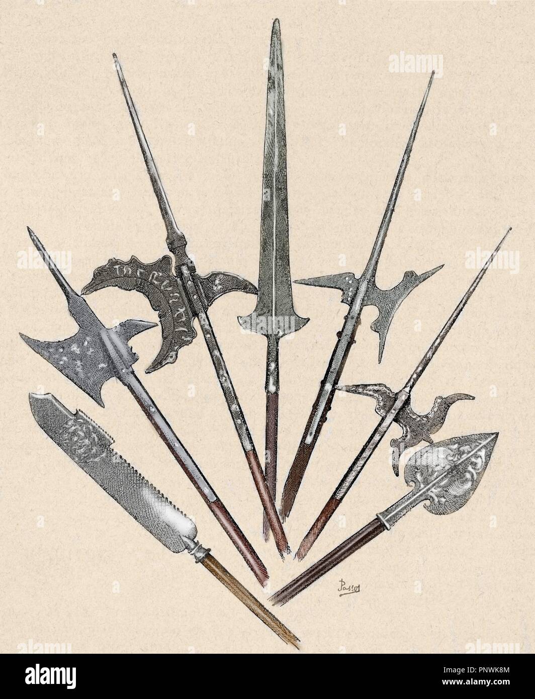 Weapons. Swiss Halberd from 18th century, Swiss halberd from 15th century, German halberd from 16h century, French halberd from 16th century, Venetian halberds from 16th century and spearhead of the 16th century. Colored engraving. Stock Photo