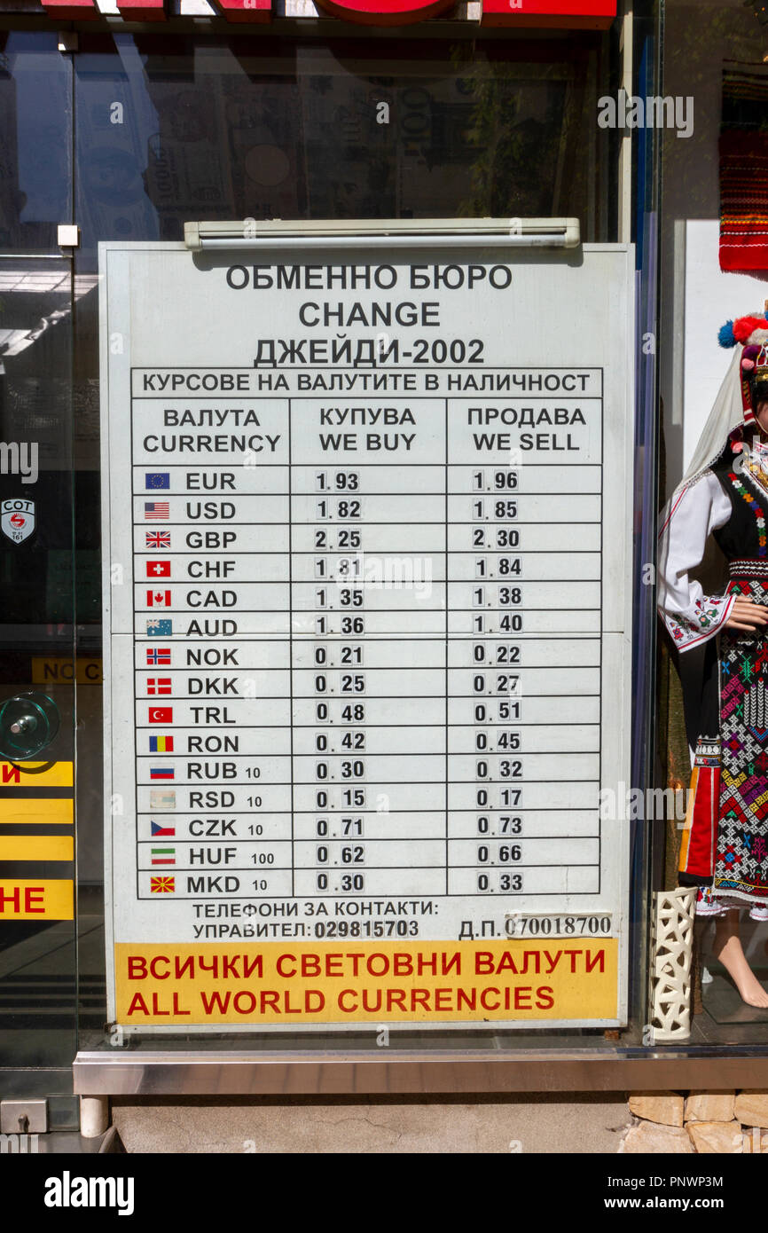 Foreign currency exchange board outside a bureau de change in Sofia, Bulgaria. Stock Photo