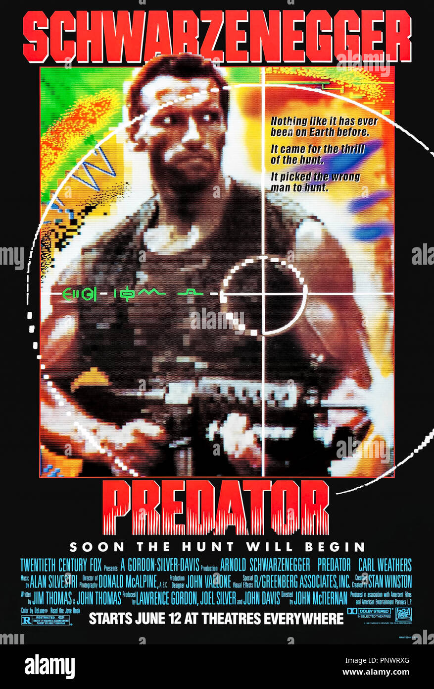 Predator (1987)  directed by John McTiernan and starring Arnold Schwarzenegger, Carl Weathers, Jesse Ventura and Sonny Ventura. An elite team of commandoes become the prey to an alien on safari in South American jungle whilst on a black ops mission. Stock Photo