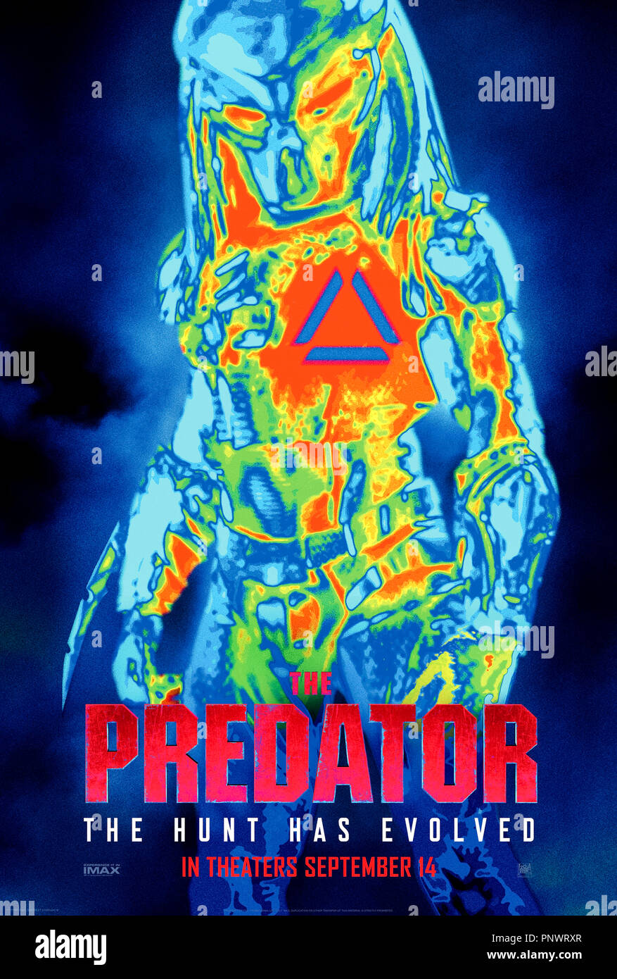 The Predator (2018) directed by Shane Black and starring Boyd Holbrook, Trevante Rhodes, Jacob Tremblay and Keegan-Michael Key. The Predator returns for the hunt with a genetic upgrade. Stock Photo