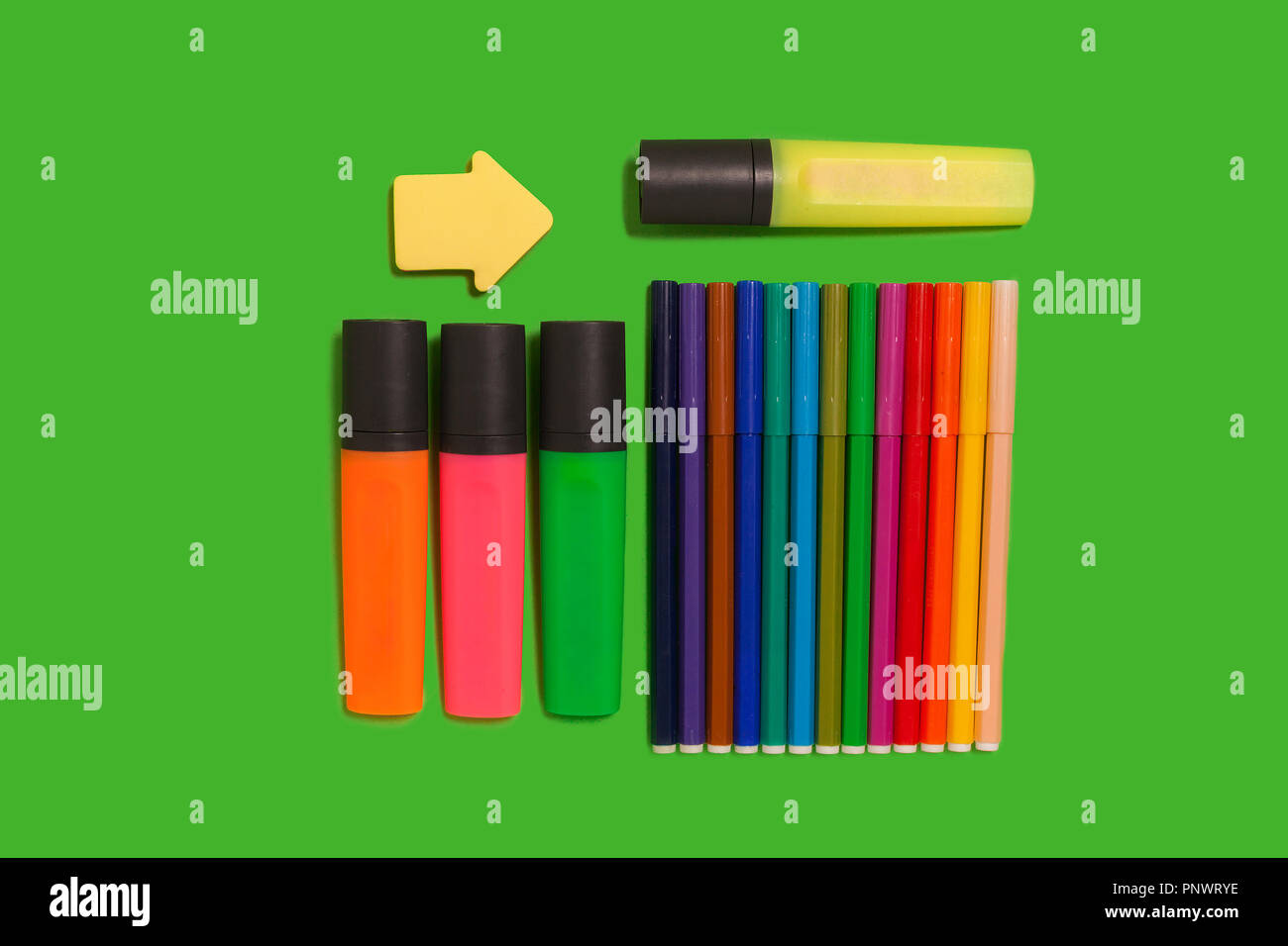 colorful felt pens, markers, watercolour paints and stickers Stock