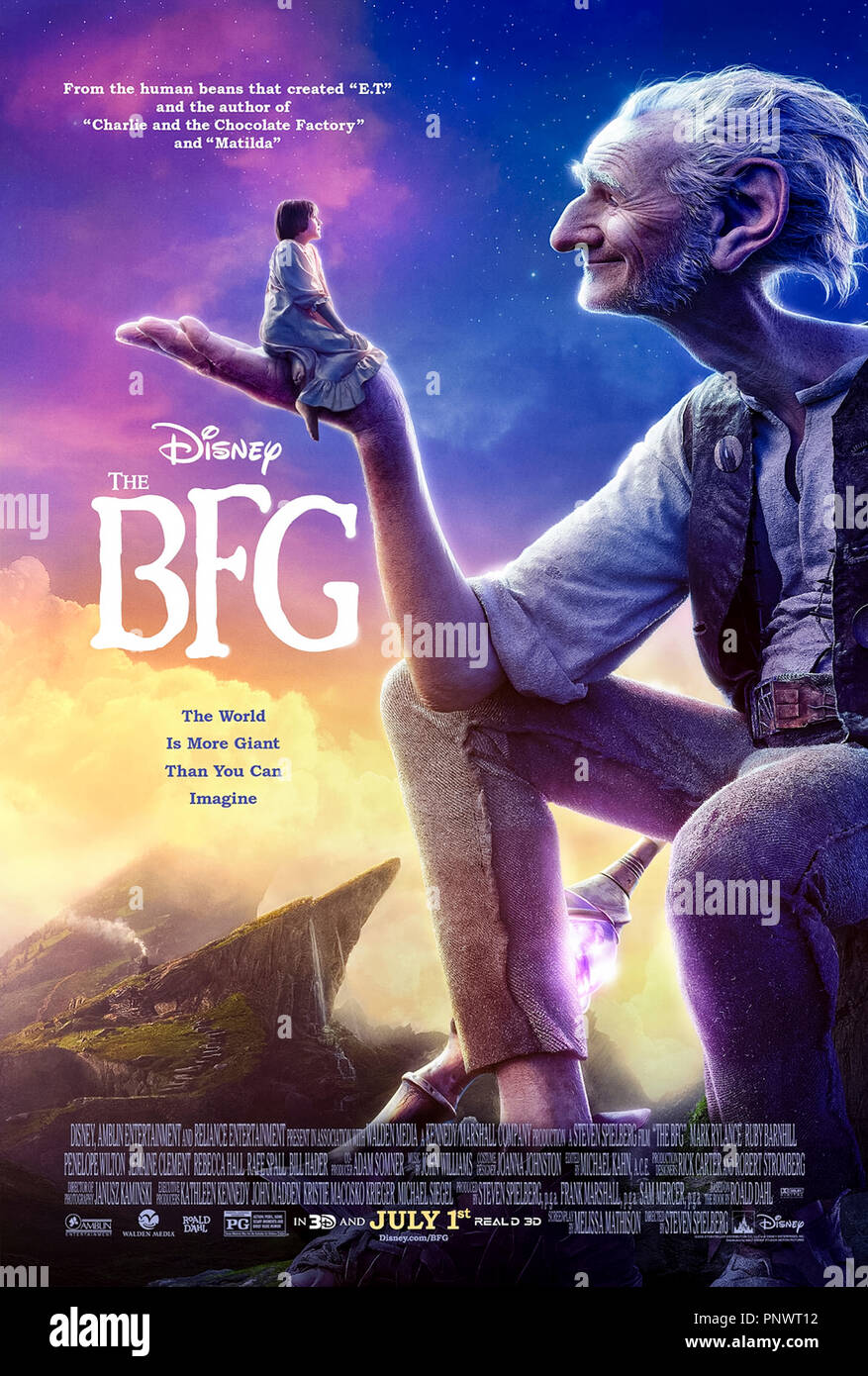 The BFG (2016) directed by Steven Spielberg and starring Mark Rylance, Ruby Barnhill and Penelope Wilton. An orphaned girl Sophie and the Big Friendly Giant and Sophie set out on an adventure in Giant Country and stop the bad giants entering our world. Stock Photo