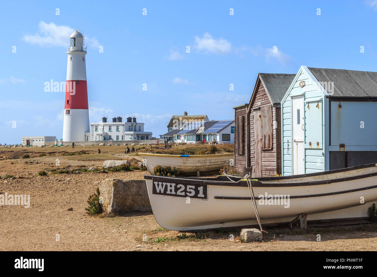 Isle of Portland fishing boats, fishing sheds, lighthouse, , near weymouth, Dorset, England, uk Stock Photo