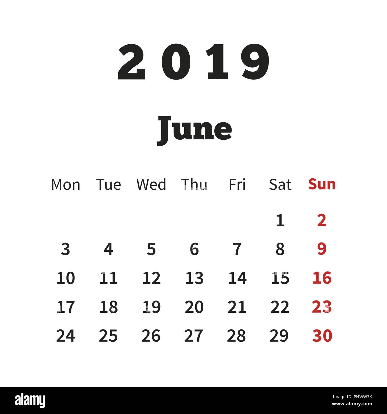 Simple calendar on june 2019 year with week starting from monday on white Stock Vector