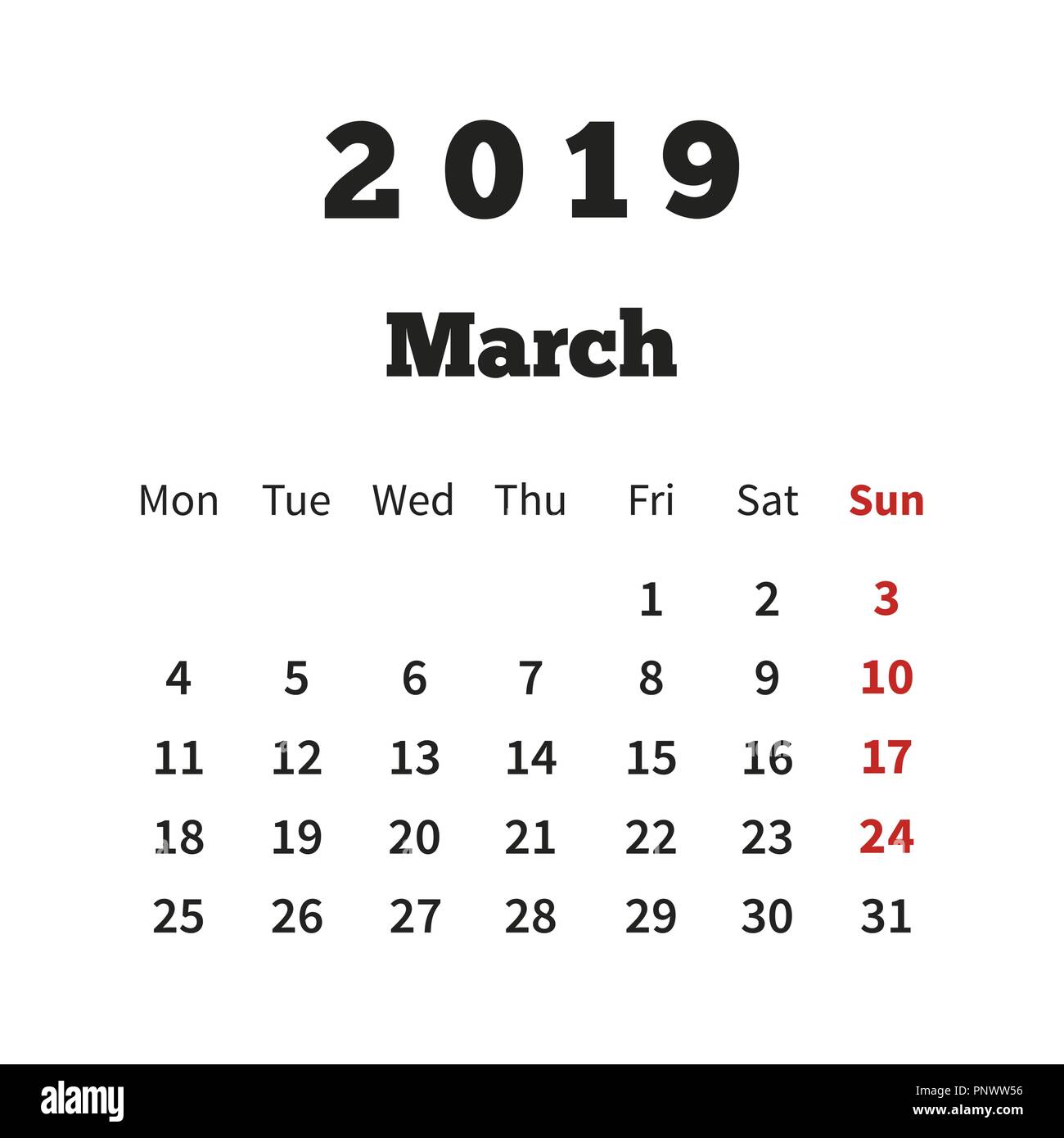 Simple calendar on march 2019 year with week starting from monday on white Stock Vector