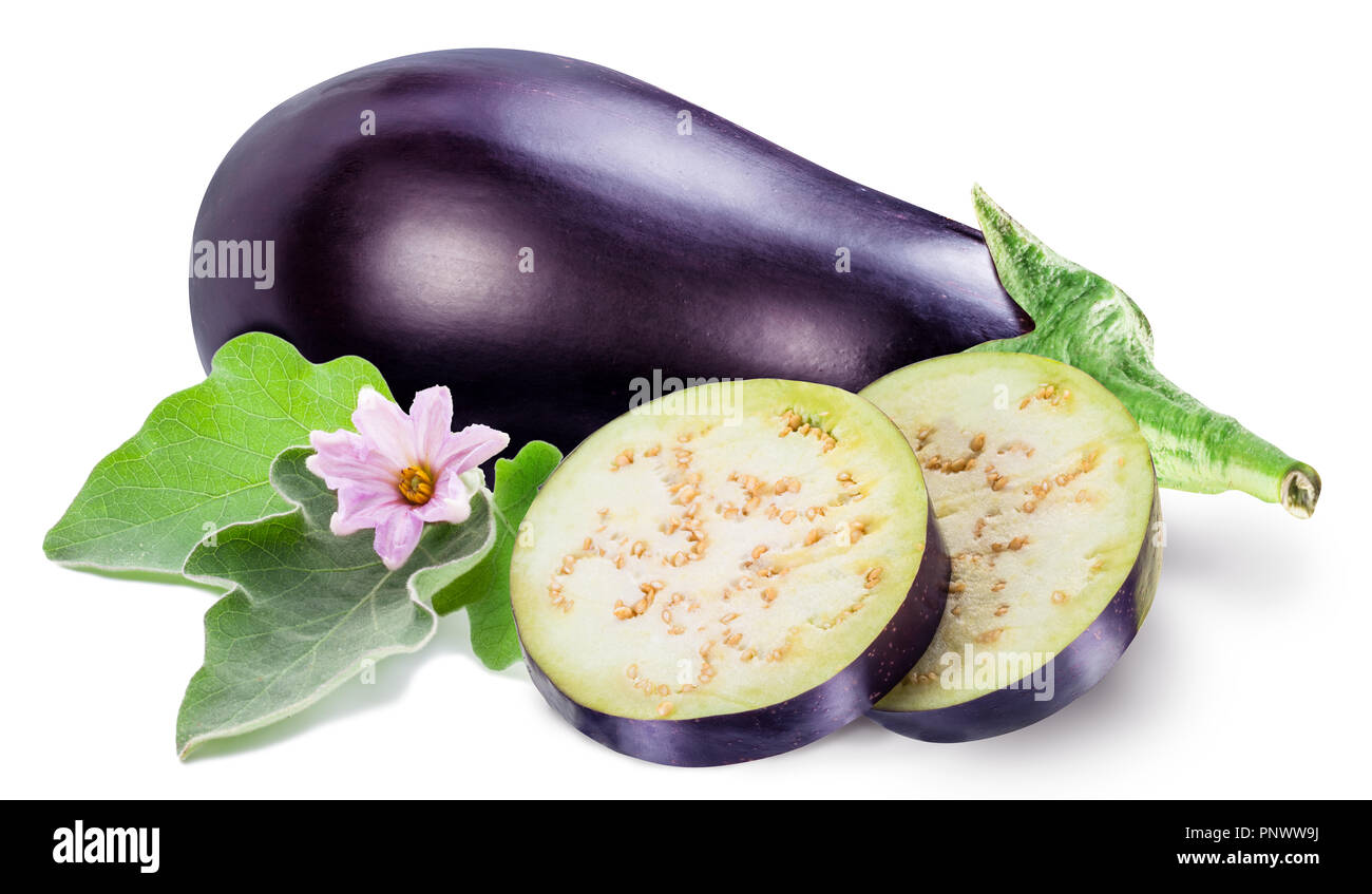 Aubergine or eggplant with aubergine flower and leaves on white