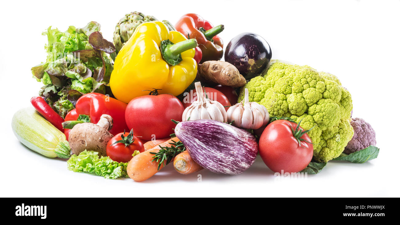 Group of colorful vegetables on white background. Close-up. Stock Photo