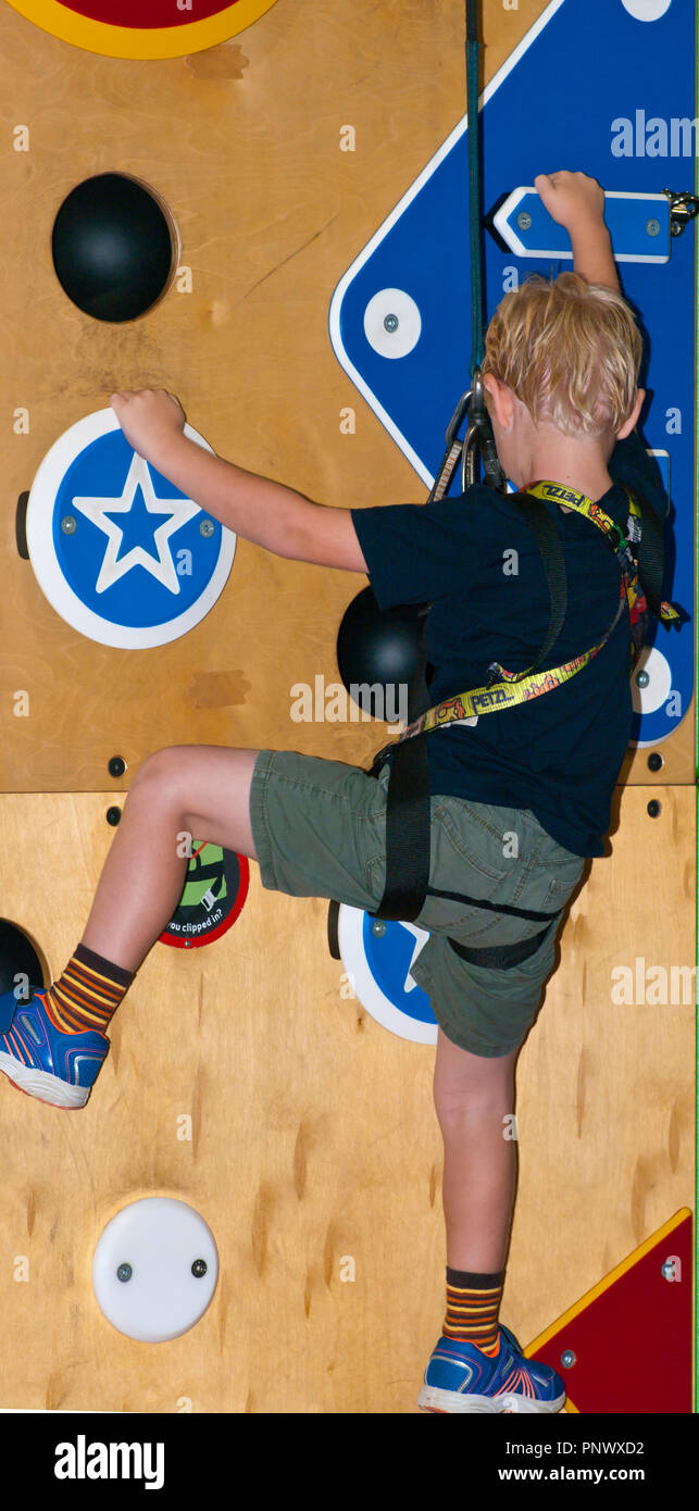 Young Boy Striving To Climb a Climbing Wall Secured By A Safety Harness Stock Photo