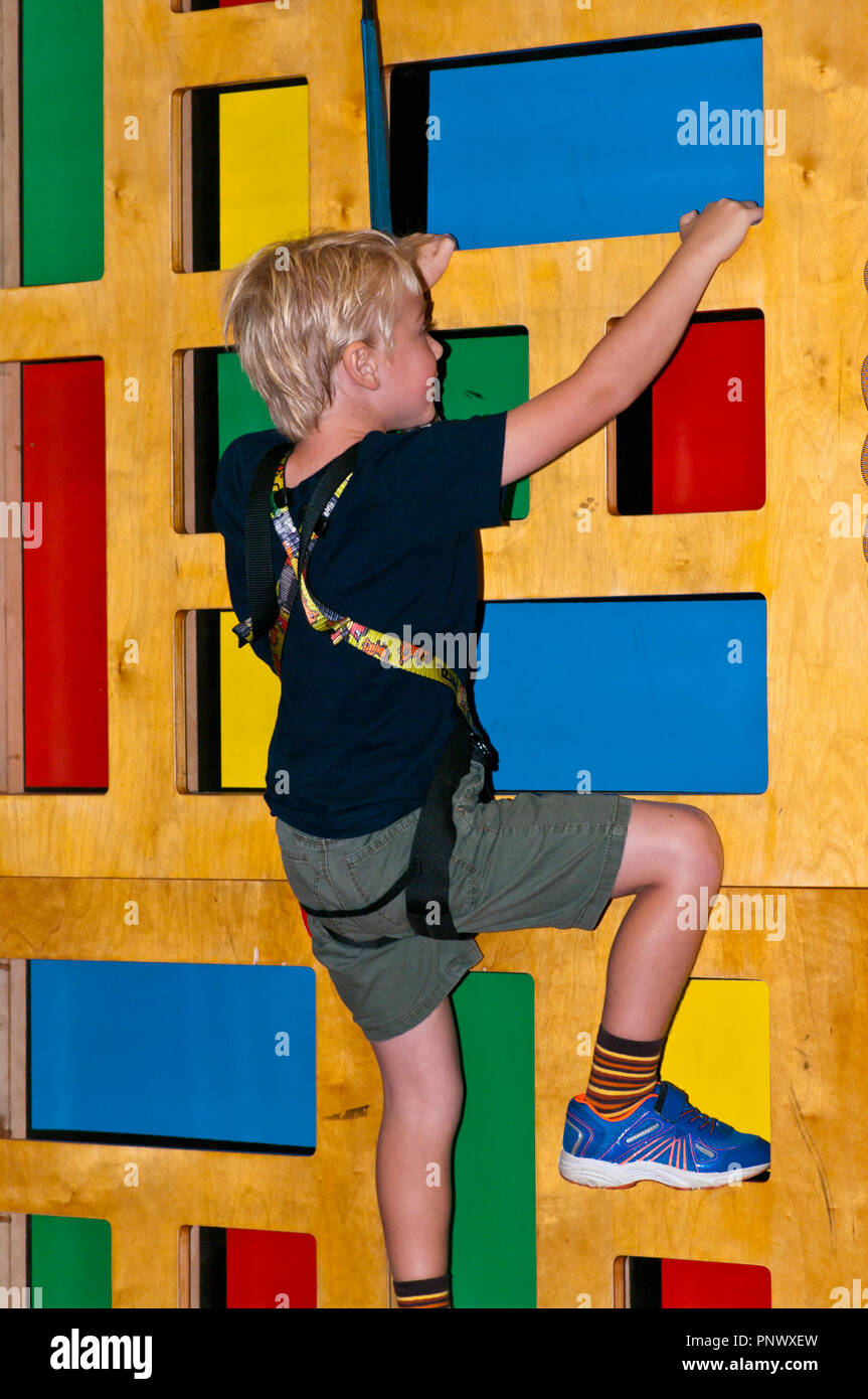 Young Boy Striving To Climb a Climbing Wall Secured By A Safety Harness Stock Photo Alamy