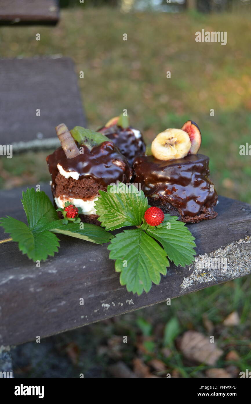 Sweet chocolate cakes with fruit on wooden bench, fall collection Stock Photo
