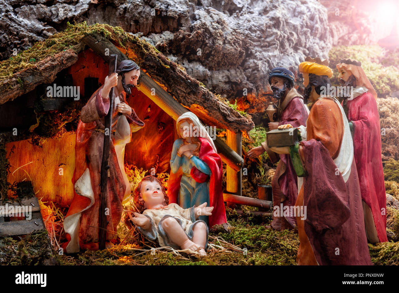 Close-up of the Christmas Nativity scene. Hut with baby Jesus in the ...