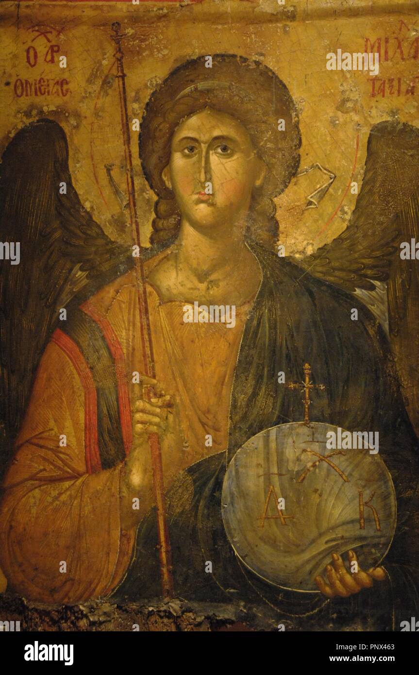 BYZANTINE ART. GREECE. ICON with Saint Michael Archangel by workshop Constantinople. Dated at  XIV century. Byzantine Museum. Athens. Stock Photo