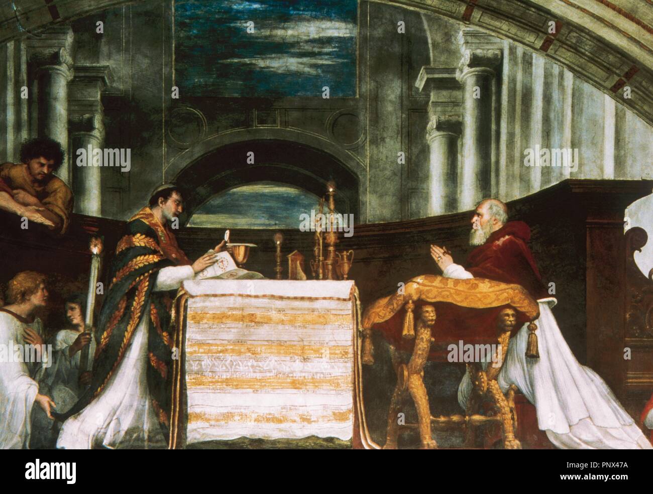 Raphael (1483-1520). Italian painter and architect of the High Renaissance. The Mass at Bolsena, 1512. Fresco. Raphael's Rooms. Room of Heliodorus. Apostolic Palace. Vatican City. Stock Photo